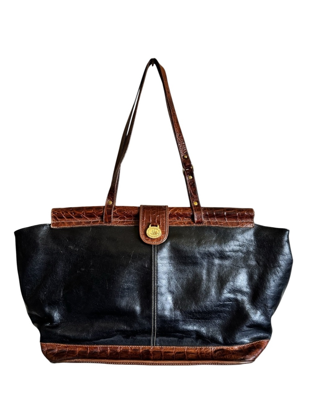Vintage Brahmin Black Leather Large Tote with Brown Croc-Trim